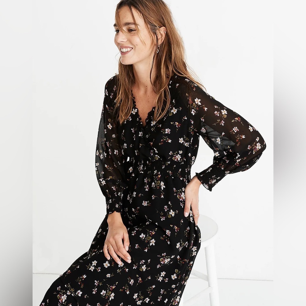 Madewell Georgette Smocked Midi Dress Backyard Floral V Neck Raglan - M